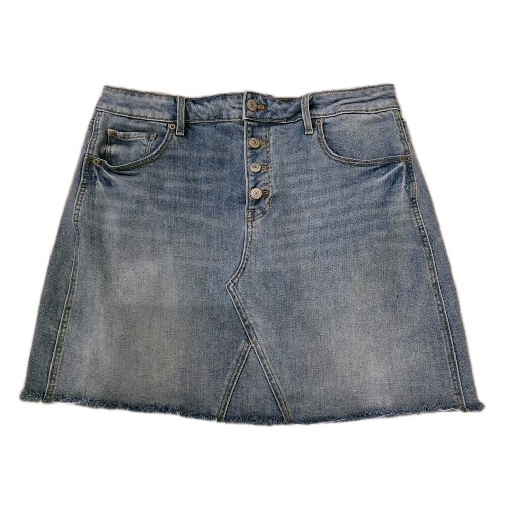 Old Navy Women's Size 12 Jean Mini Skirt Button Fly Frayed Bottom Hem 99% Cotton